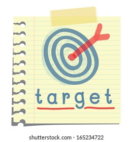 sketching of dart and arrow with  message 'target' on note paper, isolated on white. Abstract conceptual vector illustration.   