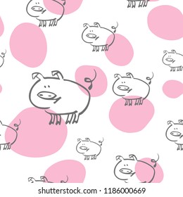 Sketching doodle seamless pattern with cute pigs. Hand drawn New year illustration in cartoon style