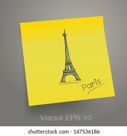 Sketching of Eiffel Tower in Paris, French on yellow sticker notepaper. Vector illustration.