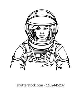 Sketching european woman astronaut. Hand drawn portrait of young, strong lady scientist. Outline illustration of feminism and freedom