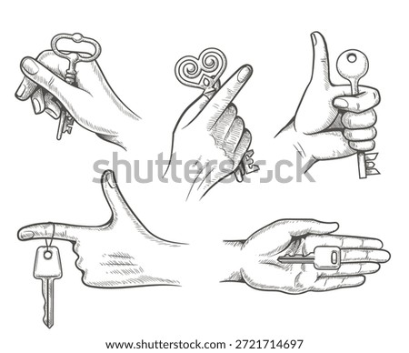 Sketching hands holding keys. Engraving retro vector illustration
