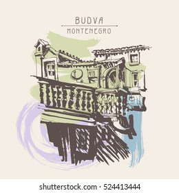 sketching of historical building in Budva Montenegro, vintage touristic postcard, old town travel vector illustration
