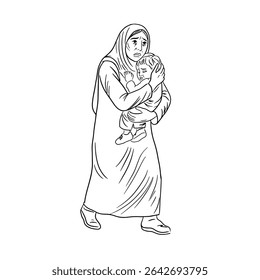 Sketching illustration of crying Muslim Mother and Baby – Middle East refugee family in war-torn ruined city. Hand drawn outline portrait