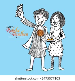 Sketching Illustration of Indian Brother and Sister Taking Selfie After Celebrating Raksha Bandhan Festival on Blue Background.