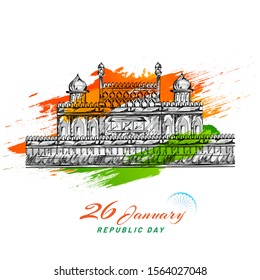 Sketching of Indian Monument Red Fort with green and saffron brush stroke effect on white background for 26 January, Republic Day.