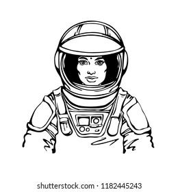 Sketching Indian Woman Astronaut. Hand Drawn Portrait Of Young, Strong Lady Scientist. Outline Illustration Of Feminism And Freedom