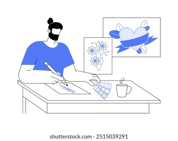 Sketching isolated cartoon vector illustrations. Hipster man drawing tattoo sketches on a paper, modern creative hobby, graphics, leisure time art activity, professional artist vector cartoon.