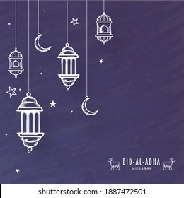 Sketching Lanterns with Crescent Moons Hang and Stars Decorated on Purple Grunge Background for Eid-Al-Adha Mubarak.