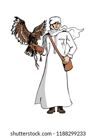 Sketching man with falcon. Hand drawn concept of arabian traditional hunting