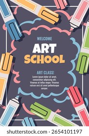 Desenhando a Classe mestre. Pôster de Oficina de Arte para Crianças e Adultos. Marcadores de Álcool Vibrantes Definidos em Estilo Plano. Banner para Cursos de Ilustração, Aulas de Desenho e Grupos de Hobby Criativo. De volta à escola
