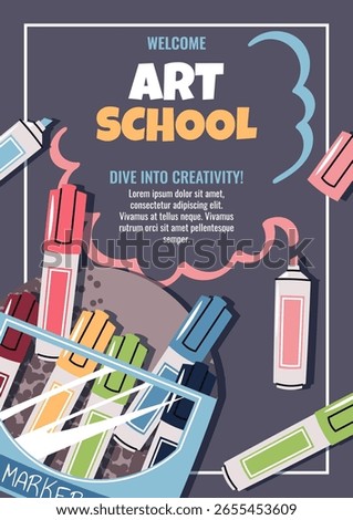 Sketching master Class. Art Workshop Poster for Kids and Adults. Vibrant Alcohol Markers Set in Flat Style. Banner for Illustration Courses, Sketching Lessons and Creative Hobby Groups. Back to school