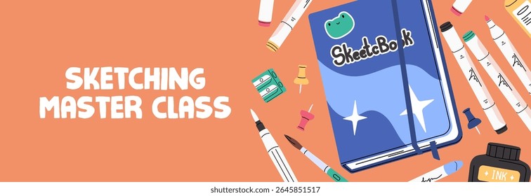 Sketching master class web banner design. Advertising template of drawing school. Promotion layout with painting supplies, art tools, kids' stationery for creativity. Flat vector illustration