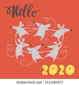 Sketching New year 2020 cute illustration, dancing rats and cheese figures. Hand drawn lettering and symbol of year in cartoon style