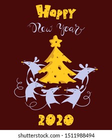 Sketching New year 2020 cute illustration, dancing rats and cheese tree. Hand drawn lettering and symbol of year in cartoon style