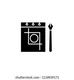 Sketching notebook black icon concept. Sketching notebook flat  vector symbol, sign, illustration.