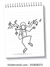 Sketching on notebook cartoon stick figure hearing music and dancing 