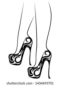 Sketching outline of elegant female feet in abstract shoes with high heels, black over white vector artwork