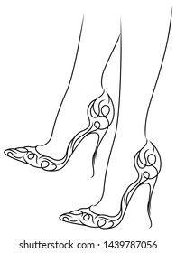 Sketching outline of elegant female feet in abstract shoes with high heels, black over white vector artwork