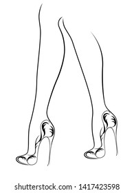 Sketching outline of graceful female feet in elegant shoes with abstract heels, black over white vector artwork