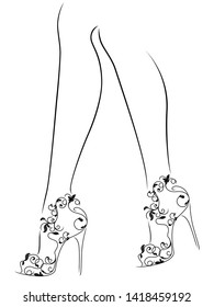 Sketching outline of graceful female feet in shoes with high heels, black over white vector artwork