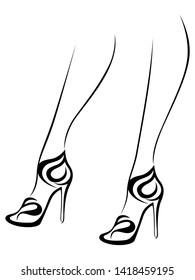 Sketching outline of graceful female feet in shoes with abstract heels, black over white vector artwork
