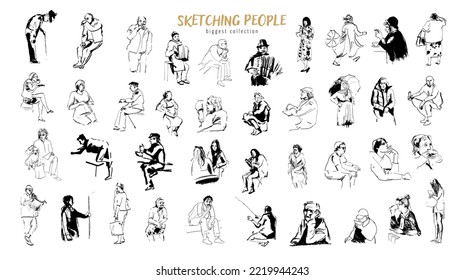 Sketching people collection. Freehand drawing characters set