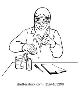 Sketching portrait of arabian woman chemist. Happy scientist working at laboratory. Hand drawn illustration of diversity, freedom and feminism