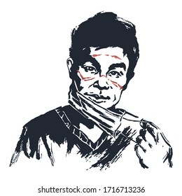 Sketching portrait of doctor, man takes off the medical mask, exhausted face. Tired hospital staff, front view. Hand drawn vector illustration on white background.