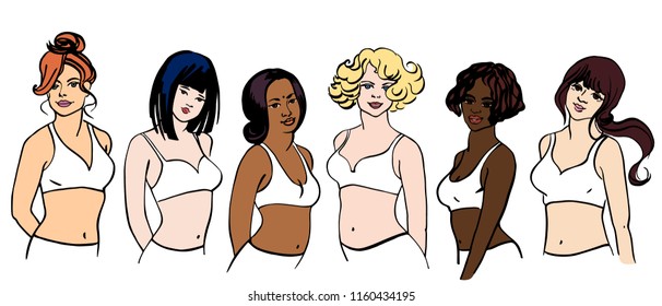 Sketching portrait of european, asian, indian, african, arabian women. Hand drawn diversity and feminism concept illustration