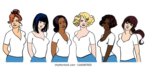 Sketching portrait of european, asian, indian, african, arabian women. Hand drawn diversity and feminism concept illustration