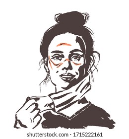 Sketching portrait of young doctor, woman takes off the medical mask, exhausted face. Hand drawn tired hospital staff, front view. Realistic vector illustration on white background.