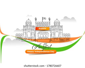 Sketching Red Fort Monument With Saffron And Green Waves On White Background For 15th August, Happy Independence Day.