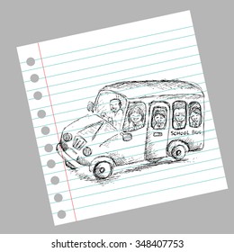 
Sketching  school bus with kids - vector illustration.