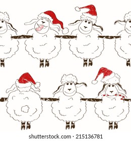 Sketching seamless pattern of funny New Year sheep holding hands