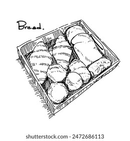 Sketching , Set of bread in a tray
Illustration. 