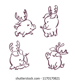 Sketching set of cute pigs like deers. Hand drawn New year symbol in cartoon style