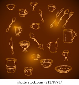 sketching set of vintage tableware