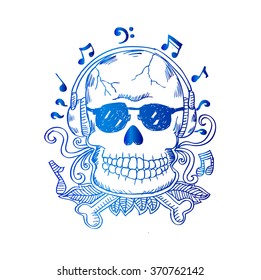 Sketching skull with headphones 