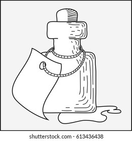Sketching of small bottle with a label. Vector illustration.