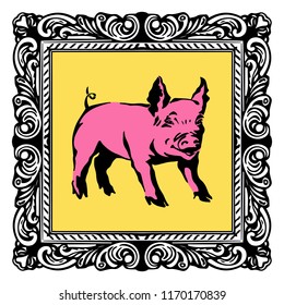 Sketching smiling pig in frame. Hand drawn New year symbol in graffiti style. Pop art illustration