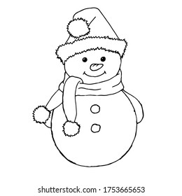 Schneeschuhe und Weihnachtsgeschenkschachteln im Skizzenstil. Handgezeichneter Schneemann einzeln auf weißem Hintergrund.