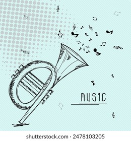 Sketching Tuba Trumpet with Music Notes Decorated on Halftone Effect Background.