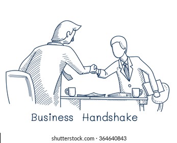 Sketching of two businessman giving handshake, vector illustration, hand drawing and doodle style.