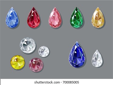 Sketch-like diamonds and colorful gems of round brilliant and pear shape cut. Vector illustration.