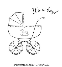 Sketch-like image of a retro baby carriage, variant for a boy. Baby arrival announcement card design.