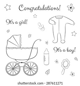 A sketch-like set of items for newborn: baby carriage, clothing, rattle, soother, feeding bottle and decorative elements.  Baby shower or congratulations card design elements. 