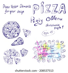 Sketchnote vector style. Pizza background with color splashes.