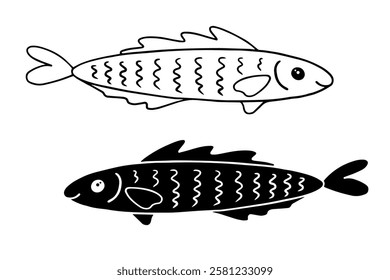 Sketch,silhouette of decorative small fish.Vector graphics.