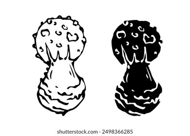 Sketch,silhouette,stamp of forest fly agarics,mushrooms toadstools. Vector graphics.