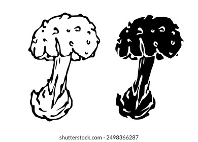 Sketch,silhouette,stamp of forest fly agarics,mushrooms toadstools. Vector graphics.